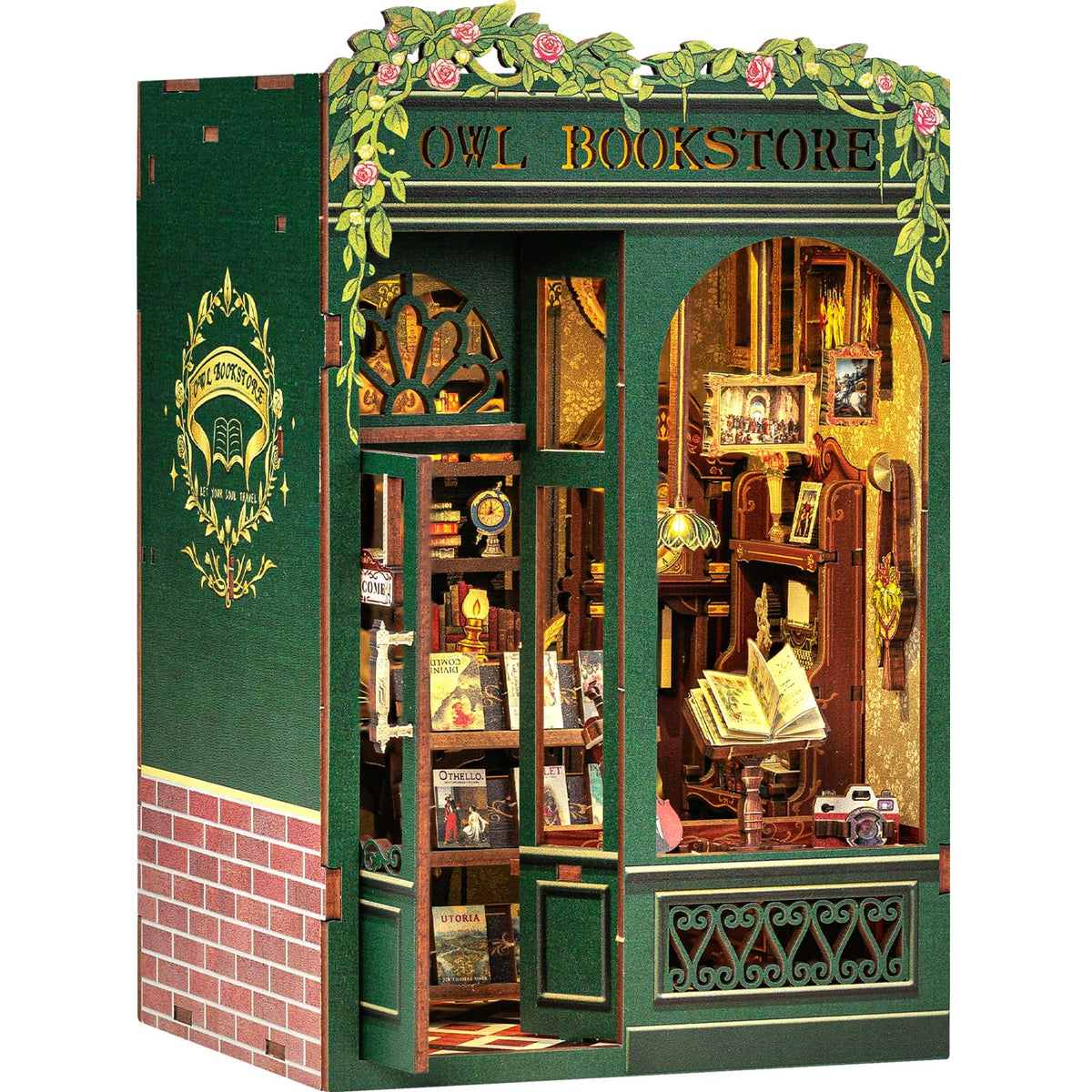 Fsolis Book Nook Kit displays an owl bookstore scene, ideal for cozy shelf display.