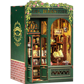 Fsolis Book Nook Kit displays an owl bookstore scene, ideal for cozy shelf display.