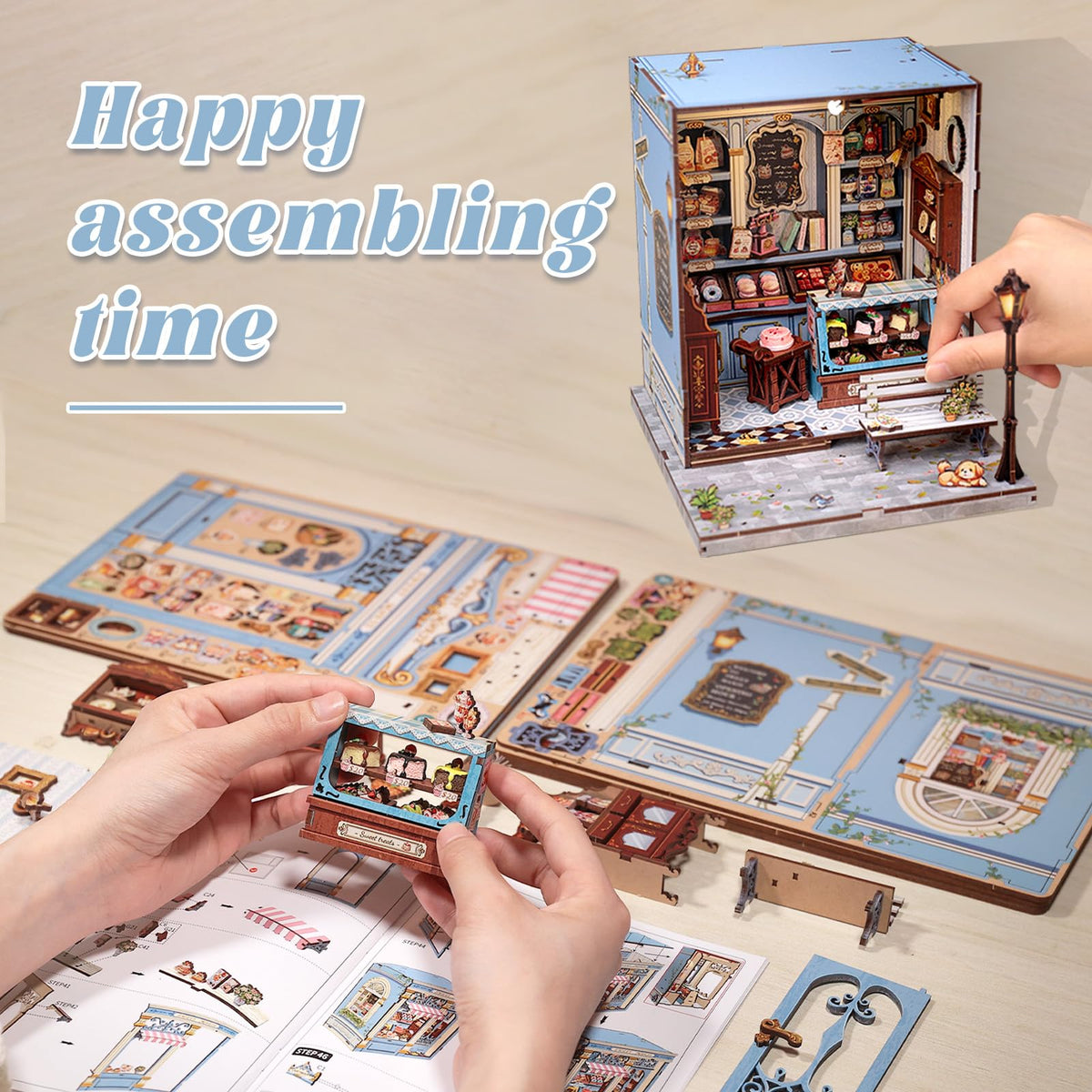 Fsolis Book Nook Kit pieces layout shows pre-cut parts for easy assembly.