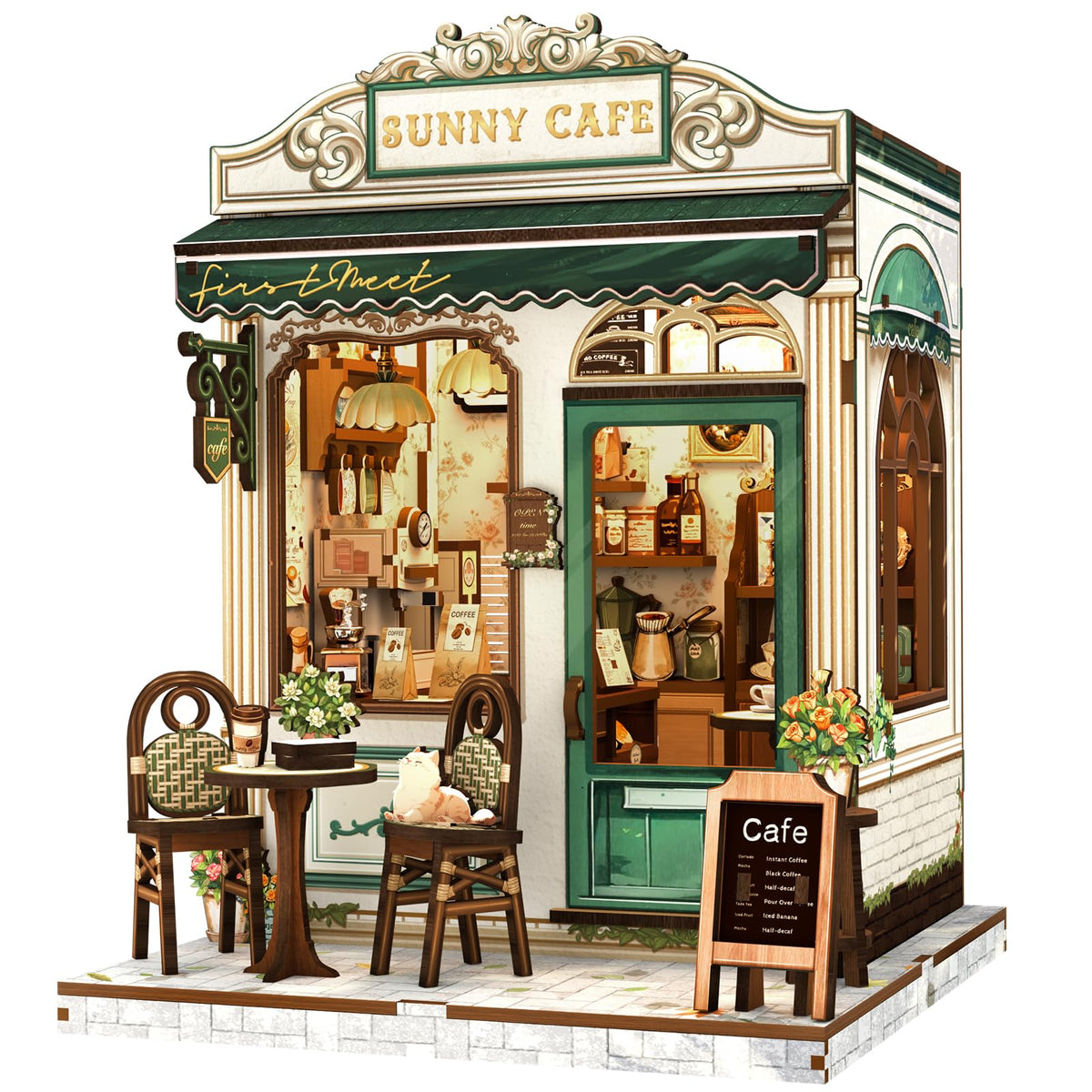 Fsolis Sunny Cafe front view enhances cozy shelf ambiance.
