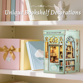 Tiny house booknook fits between books for decorative appeal.