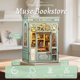 Assembled Muse Bookstore diorama highlights tiny shelves and lamps.