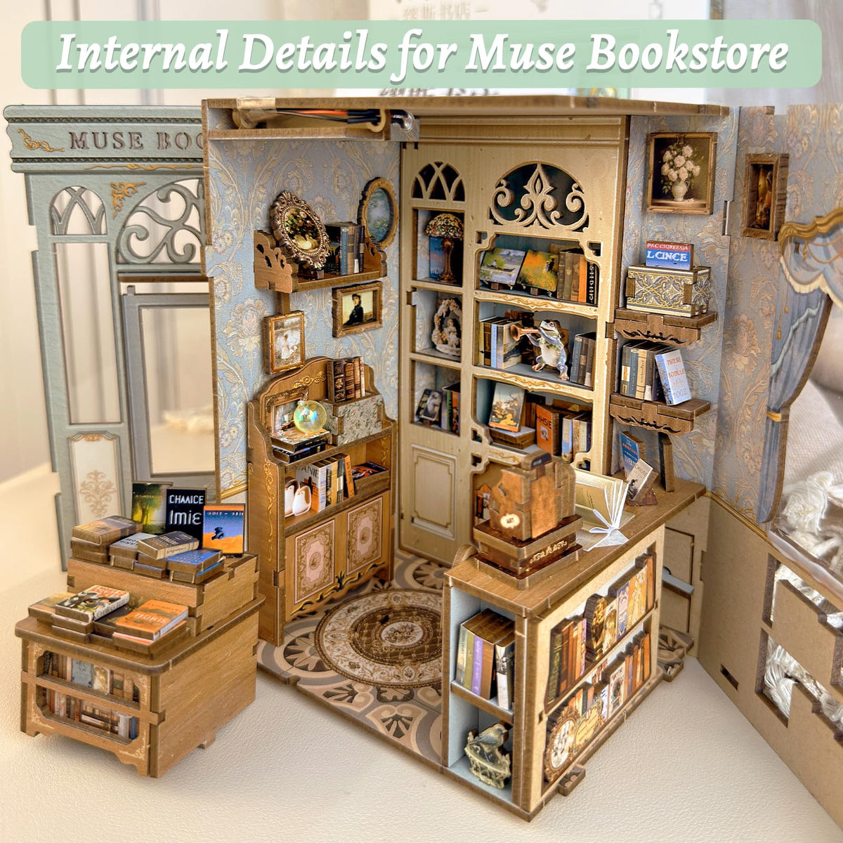 Fsolis Muse Bookstore miniature books and utensils for realistic detail.