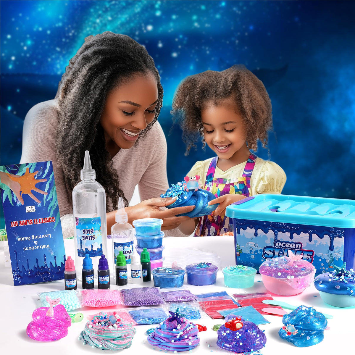 FSUTVITG Ocean Slime Kit glitter slime close-up highlights sparkling texture for sensory fun.
