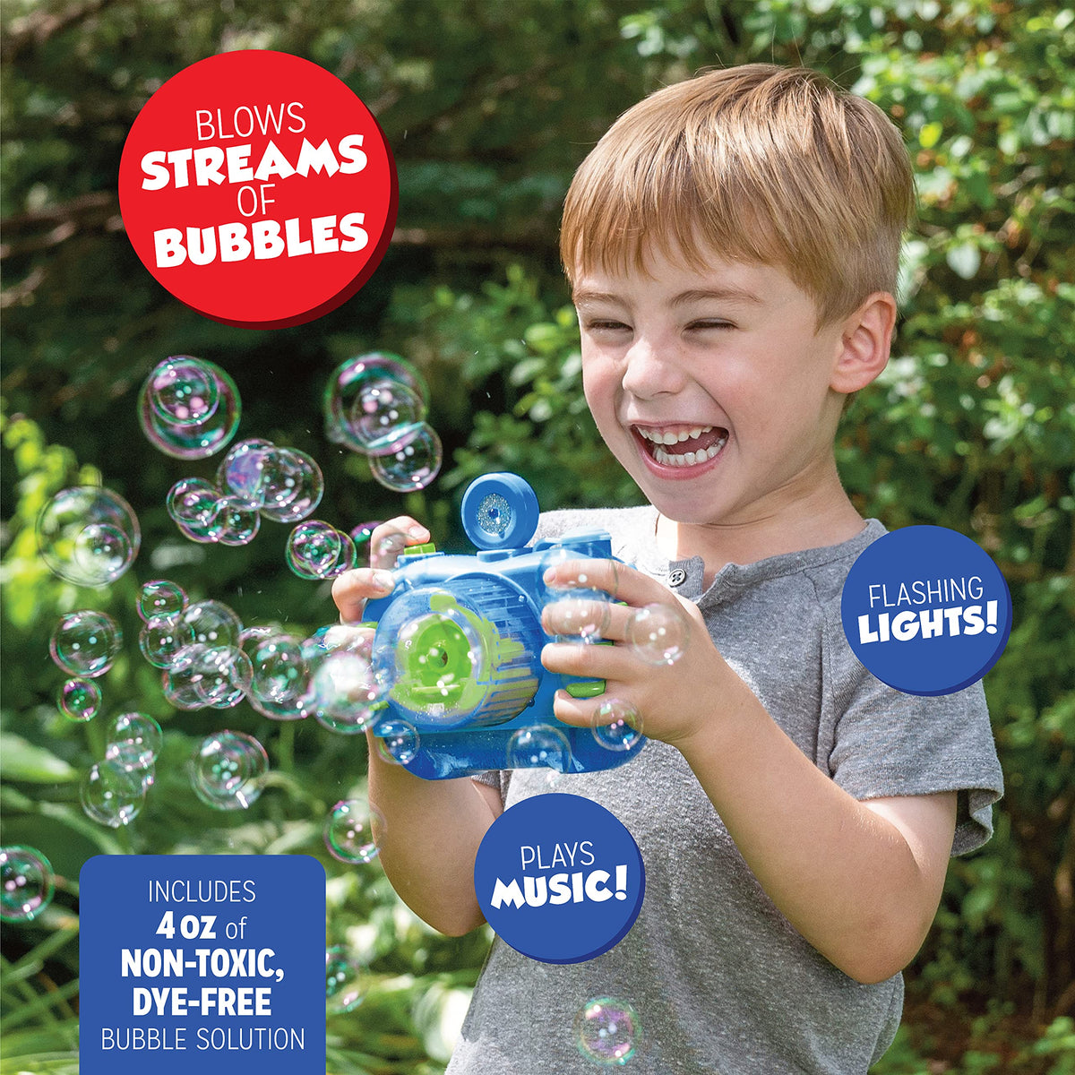 Fubbles Bubble Camera blue button press mimics real shutter during play