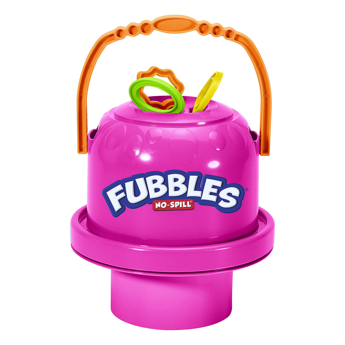 Fubbles No-Spill Bucket pink front view for mess-free bubble play.