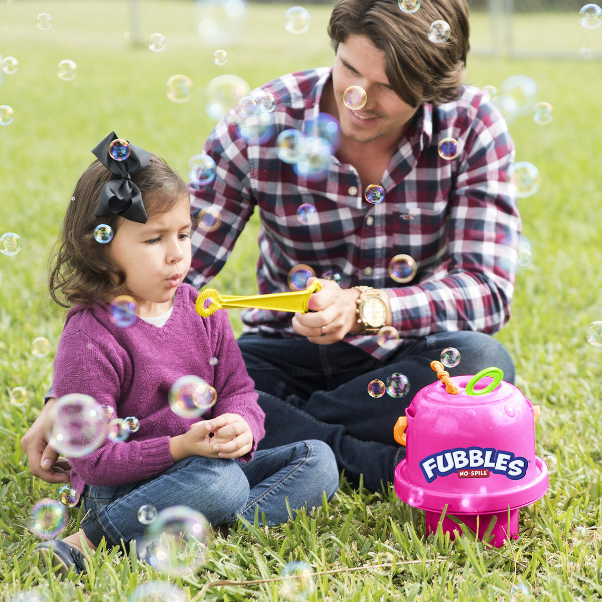 Fubbles made in USA pink product shot emphasizes safe family bubble fun.
