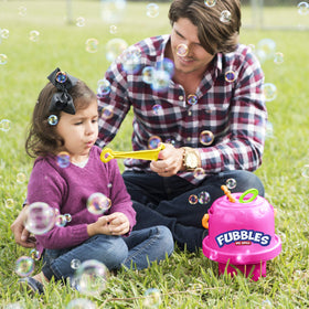 Fubbles made in USA pink product shot emphasizes safe family bubble fun.