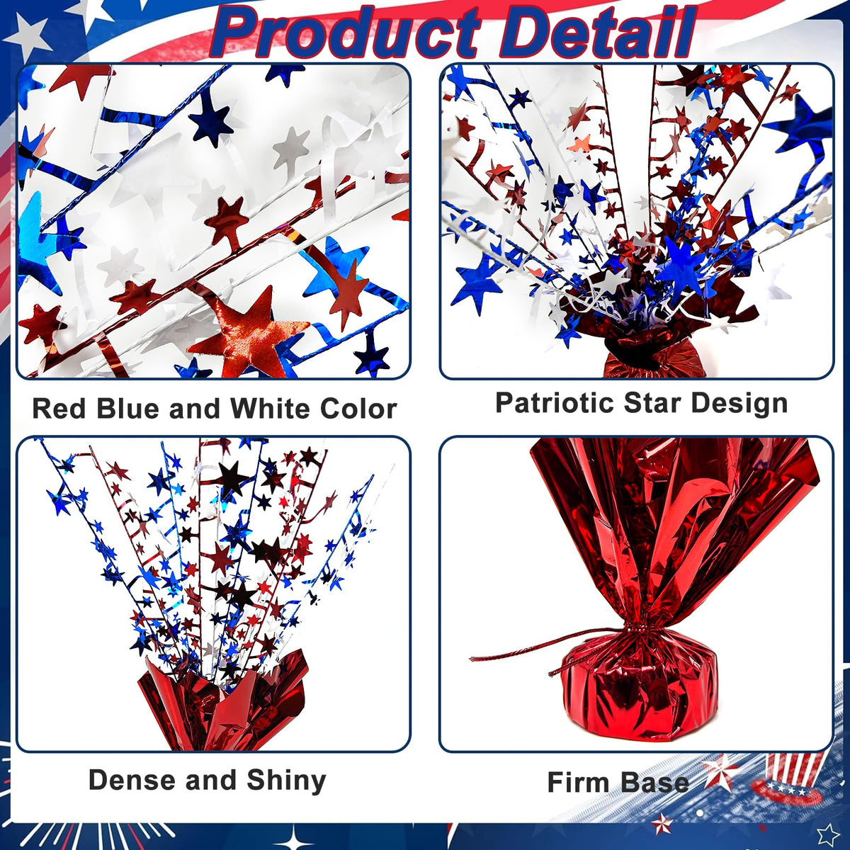 FUBININA blue white red color scheme centerpiece complements patriotic themes.