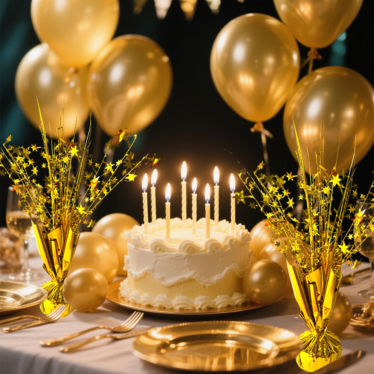 FUBININA gold star centerpiece with foil spray complements multiple themes.