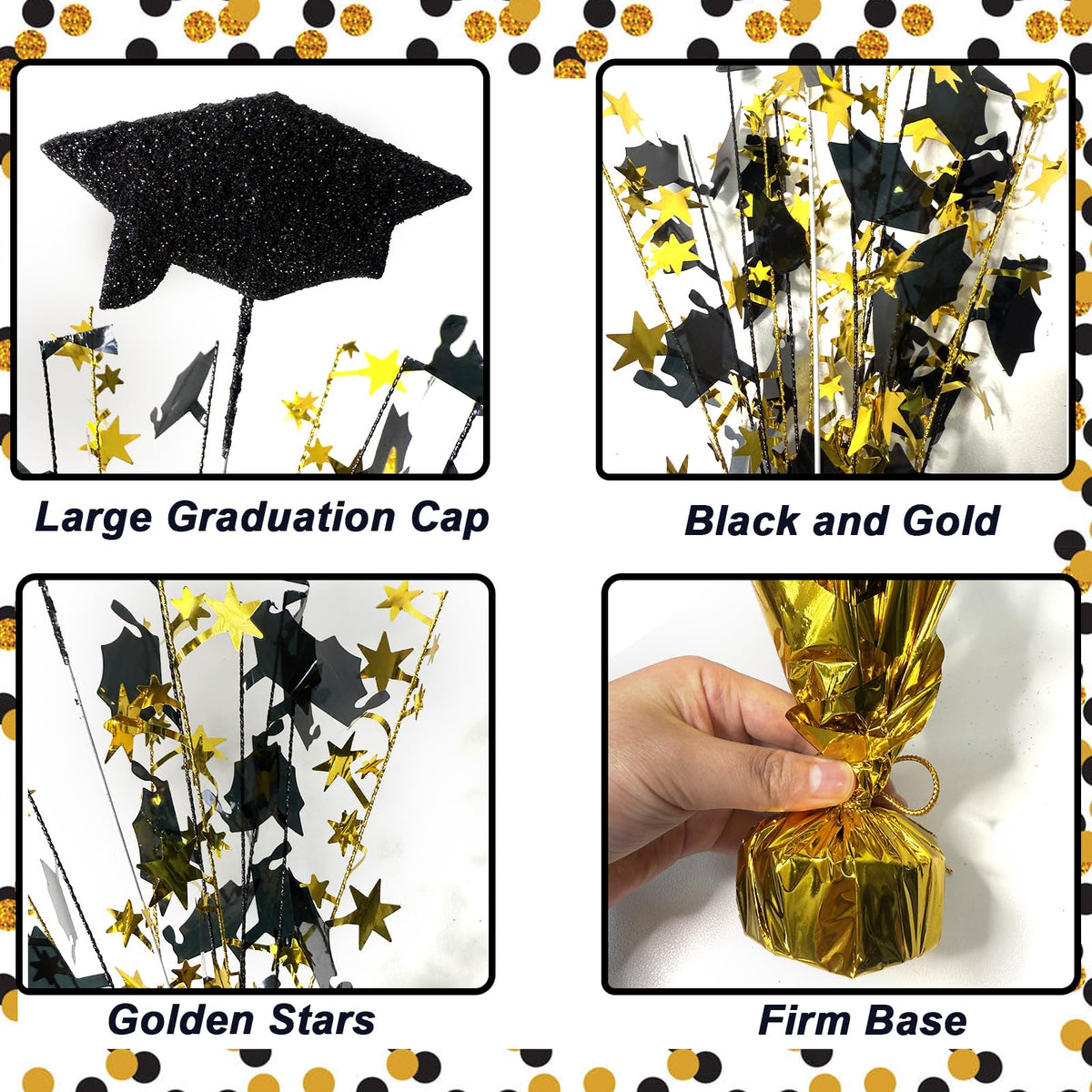 FUBININA black and gold foil centerpiece adds sparkle to graduation tables.