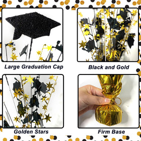 FUBININA black and gold foil centerpiece adds sparkle to graduation tables.