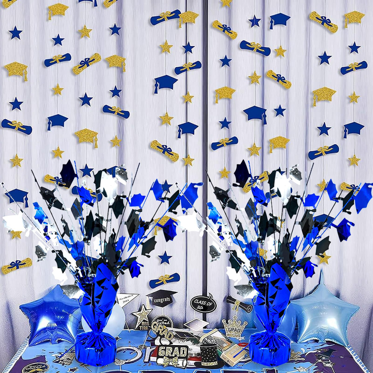 FUBININA metallic blue-silver graduation cap design for elegant tables.
