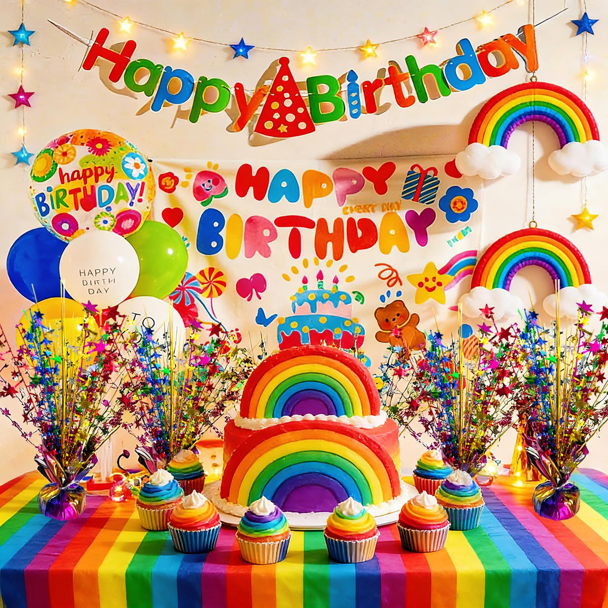FUBININA rainbow star centerpiece with foil spray enhances fiesta table decor.