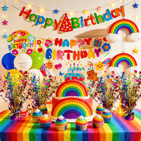 FUBININA rainbow star centerpiece with foil spray enhances fiesta table decor.