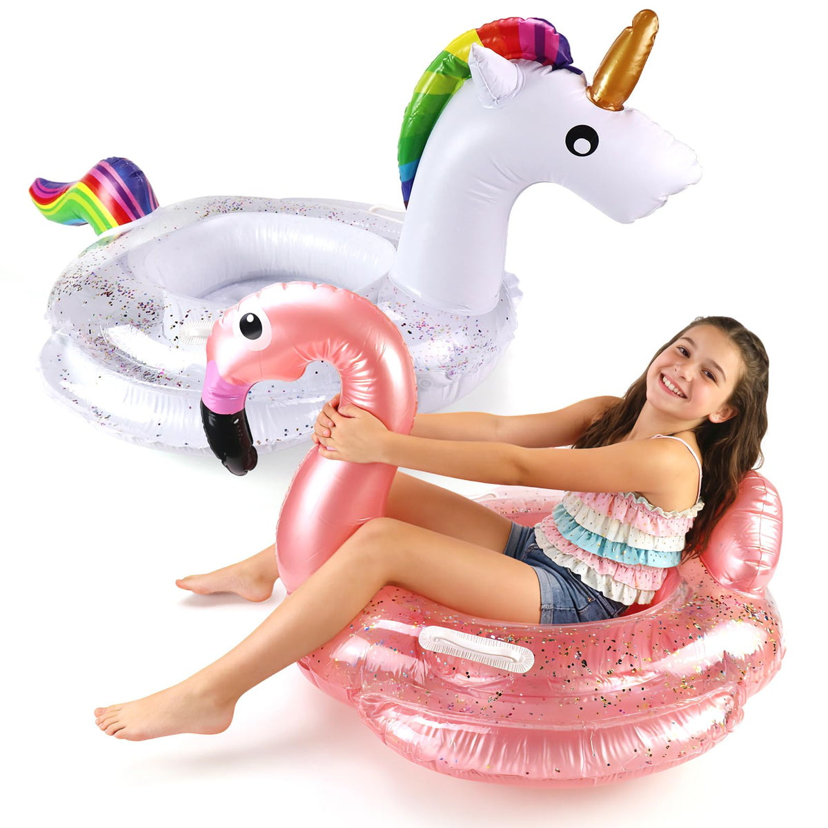 Fudragtn sequined flamingo pool float for kids, pink shimmer.