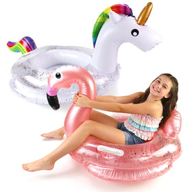 Fudragtn sequined flamingo pool float for kids, pink shimmer.