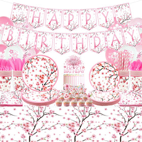 FuenteOrilla cherry blossom dessert plates add delicate pink elegance to birthday dessert tables.