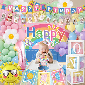 Fufuddz high chair banner completes the birthday table look