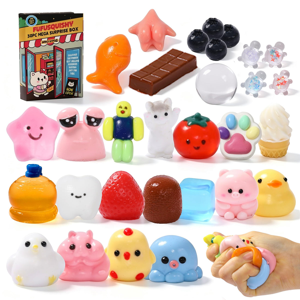 FUFUSQUISHY 30Pcs squishy toys package for kids encourages tactile exploration and play.
