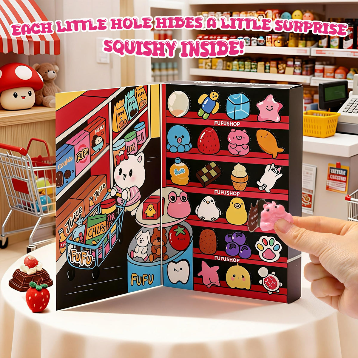 FUFUSQUISHY gift-ready squishy set displayed as a party or stocking stuffer.