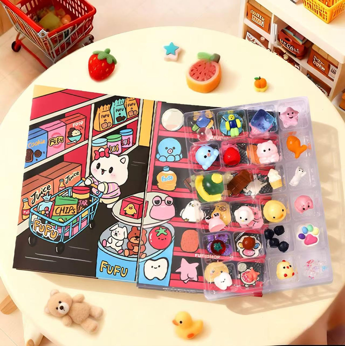 FUFUSQUISHY close-up of poke-design squishies for interactive unboxing fun.