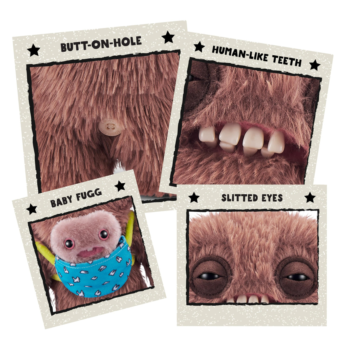 Fuggler Mini Rascal Squidge Brown Long Pile teeth detail reveals human-like smile for playful intrigue