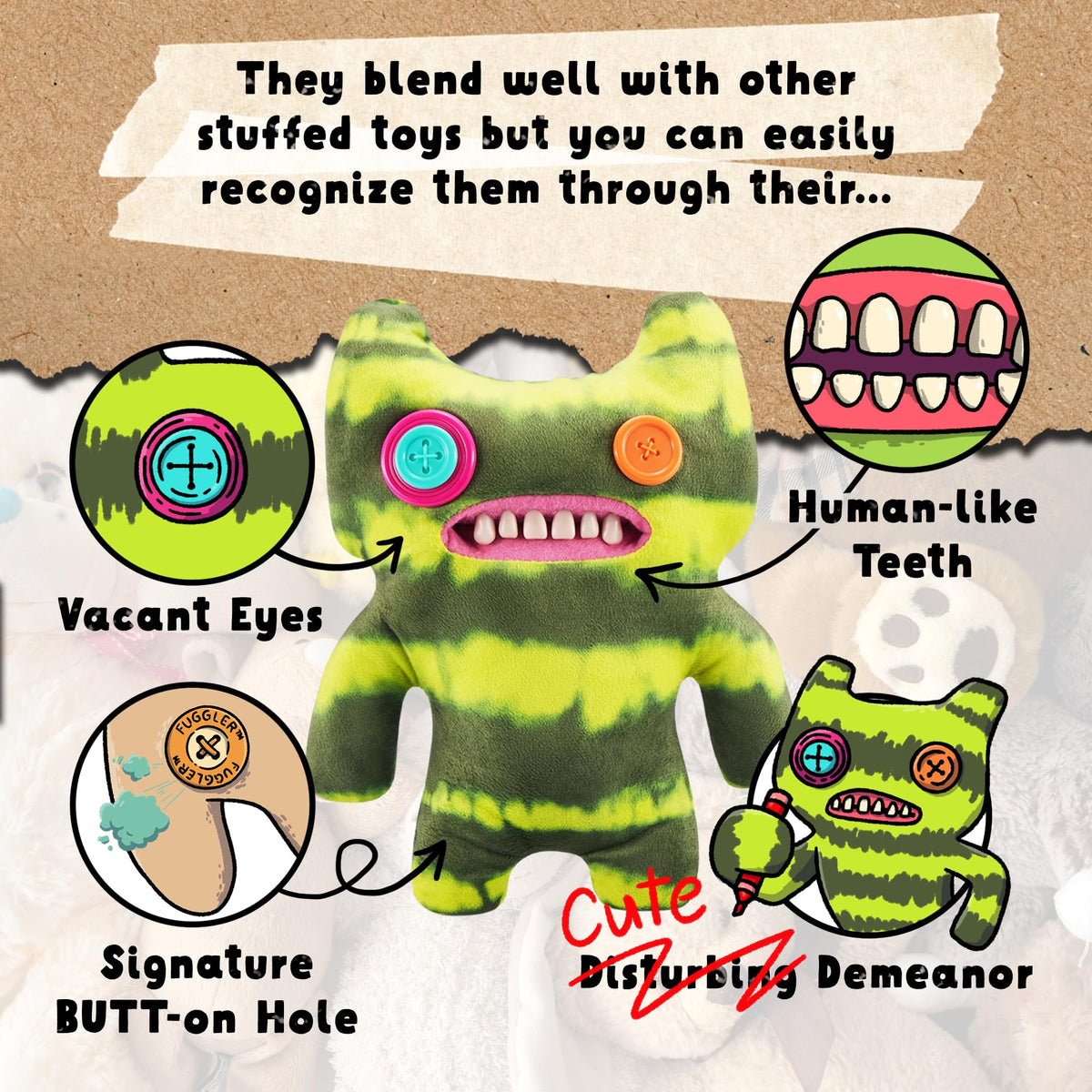 Fuggler Originals features mismatched eyes and a stitched expression for a quirky character.