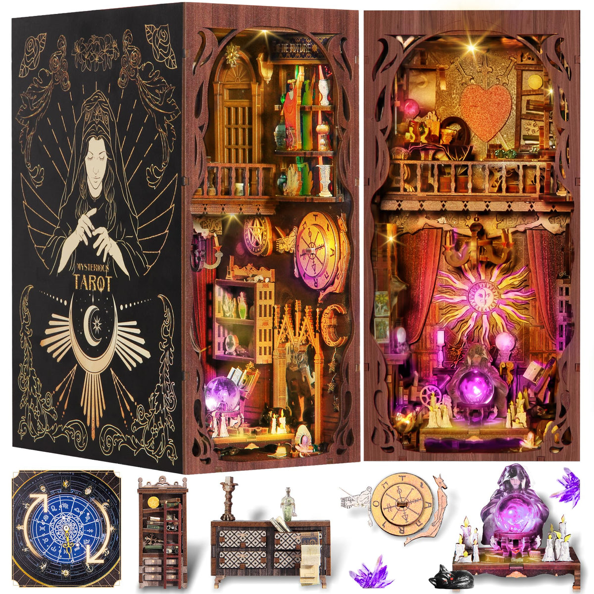 Fuiltee DIY Book Nook Kit wooden puzzle with Tarot Wheel for immersive divination.