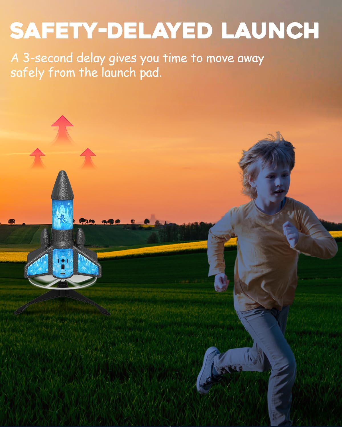 Fullware rocket launcher LED path glowing after dark for nighttime play.