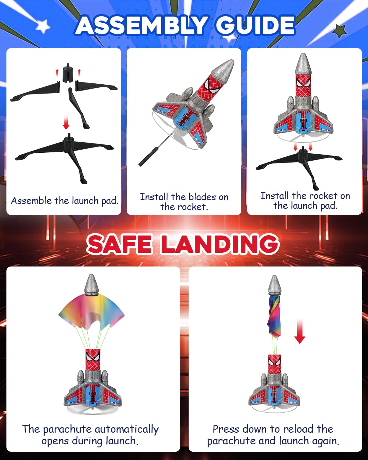 Fullware Rocket Launcher parachute deploys for soft landings outdoors.