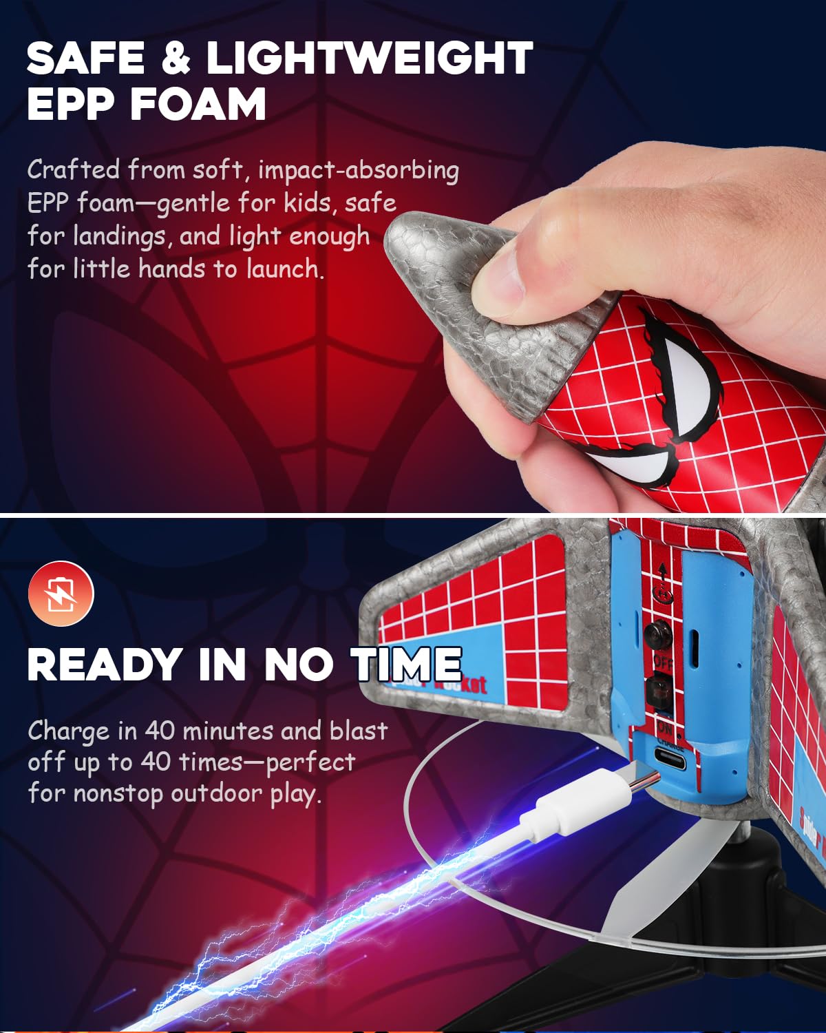 Fullware Rocket Launcher USB rechargeable battery powers multiple sessions.