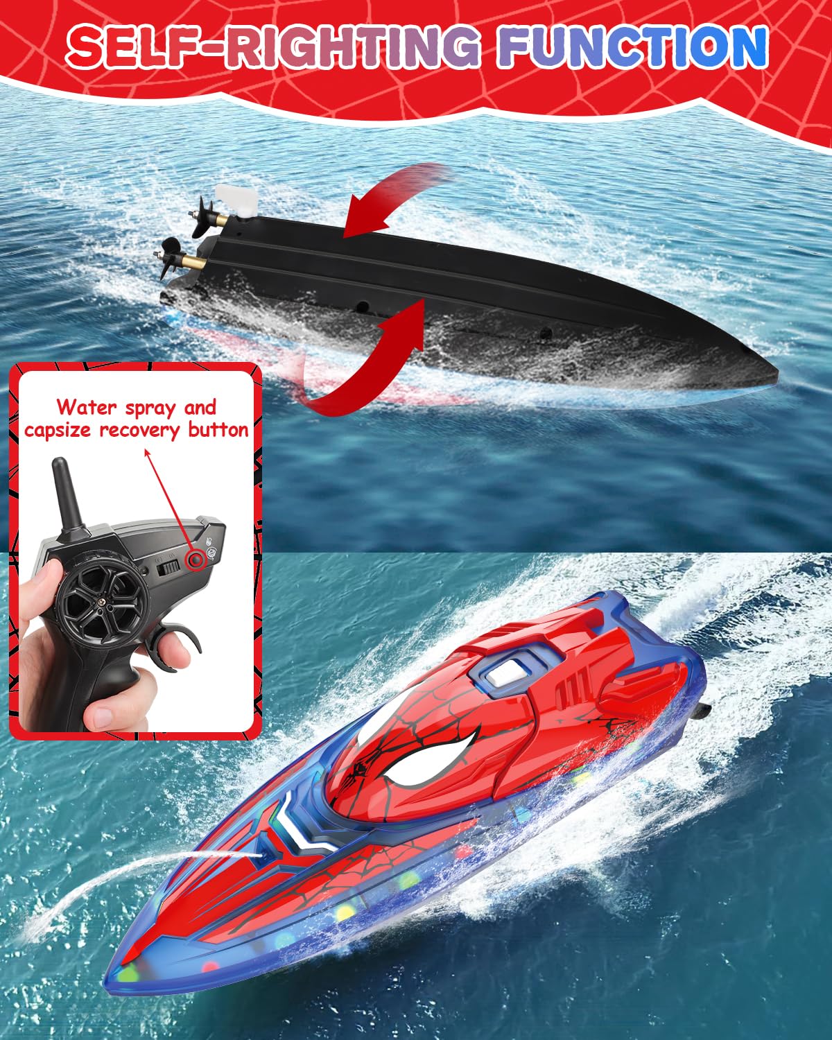 Fullware Spider Hero RC Boat rechargeable batteries provide up to 30 minutes