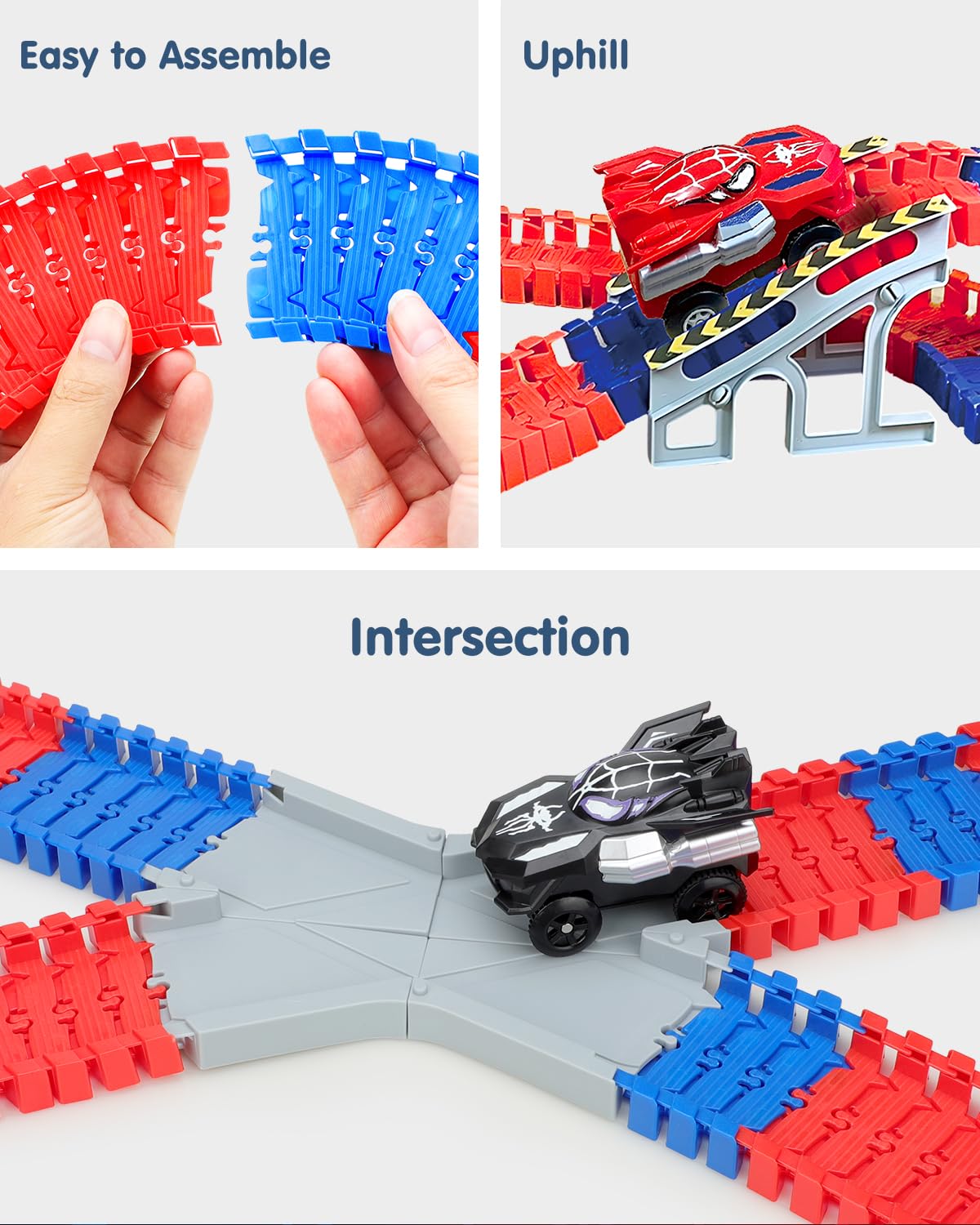 Two Spider Hero cars race on flexible paths to foster cooperative play and fine motor skills.