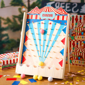 Fulmoon Disk Drop Game circus design on board highlights vibrant elements for party ambience.