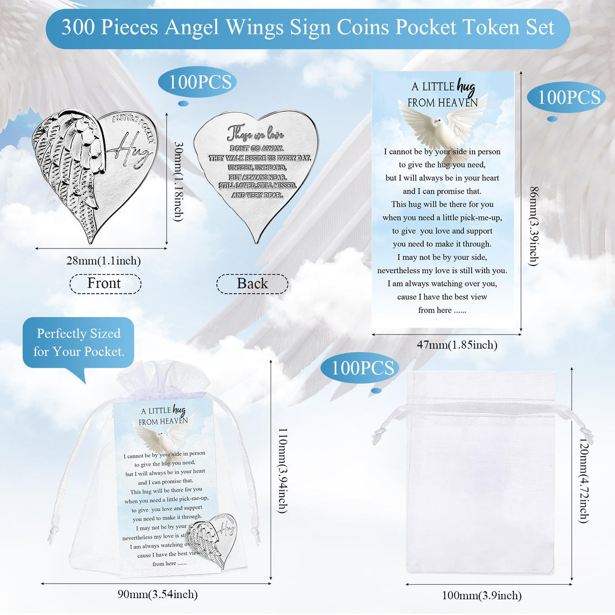 Fumete angel token heart coin back with poems, meaningful tribute for mourners.