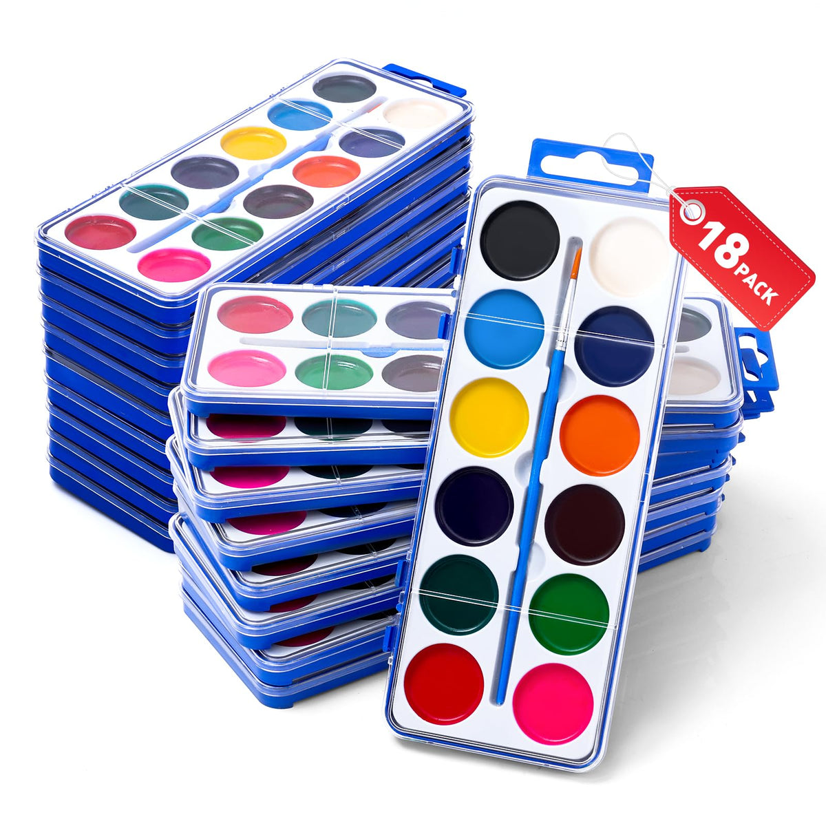 FUMILE 18-pack watercolor paints with brush for kids' creative projects.