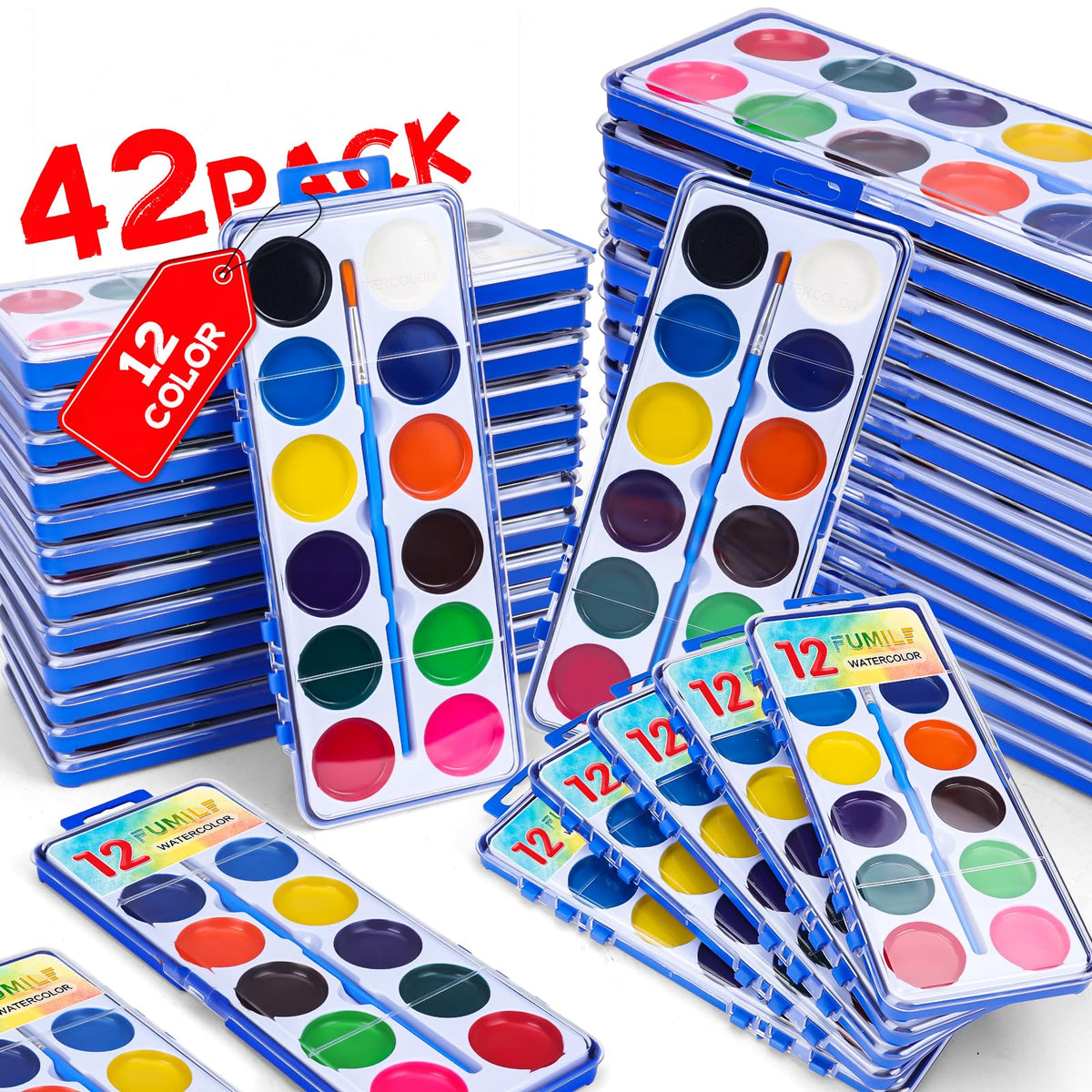 FUMILE 42-pack kids watercolor set with 12 colors and brush, ideal for classroom painting.