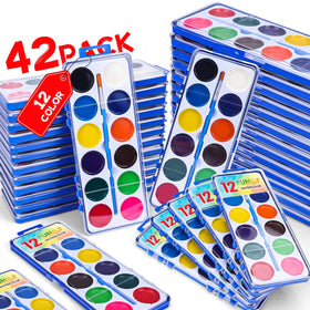 FUMILE 42-pack kids watercolor set with 12 colors and brush, ideal for classroom painting.