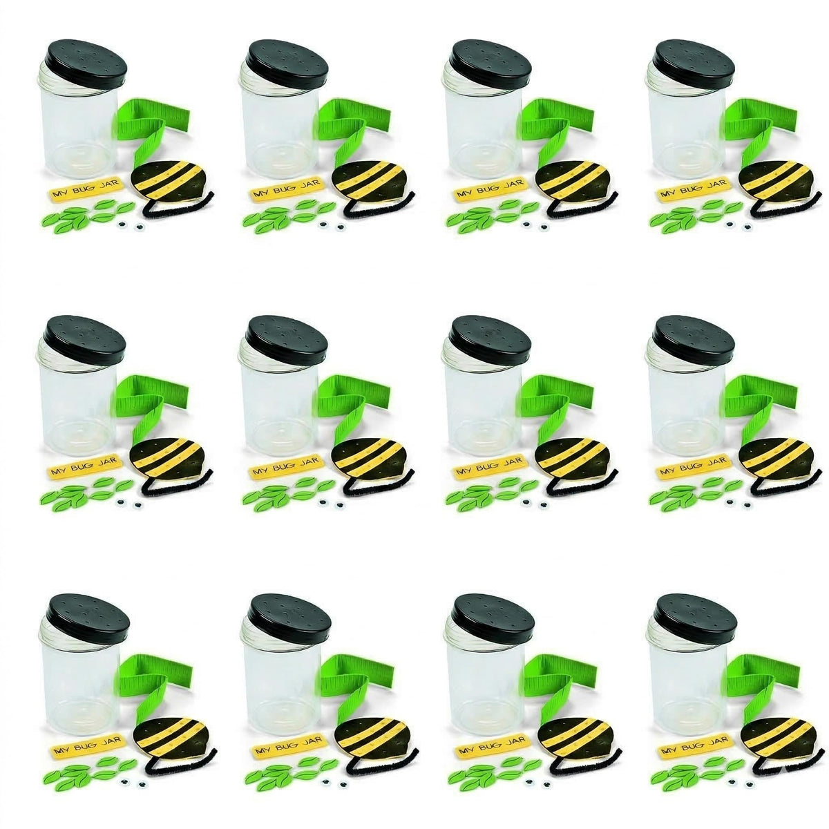 Fun Express bug jar kit showing all 12 clear jars ready for classroom science and group activities.