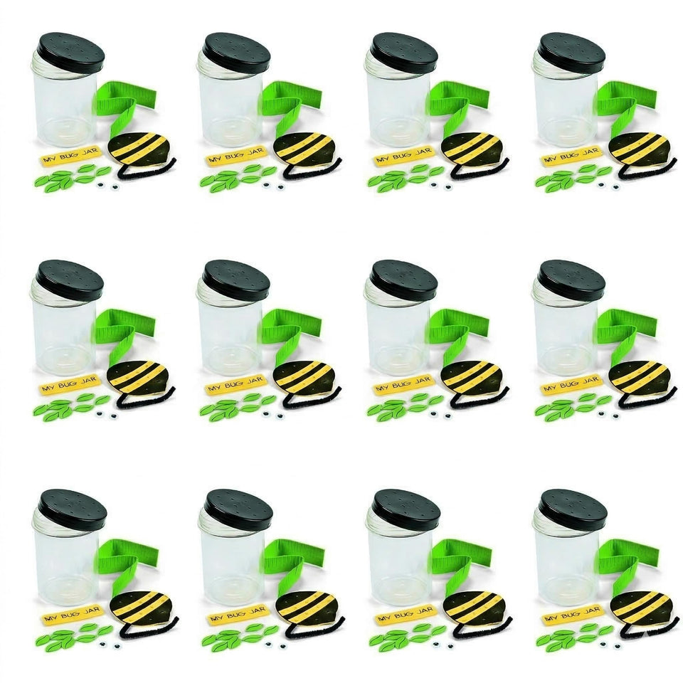 Fun Express bug jar kit showing all 12 clear jars ready for classroom science and group activities.