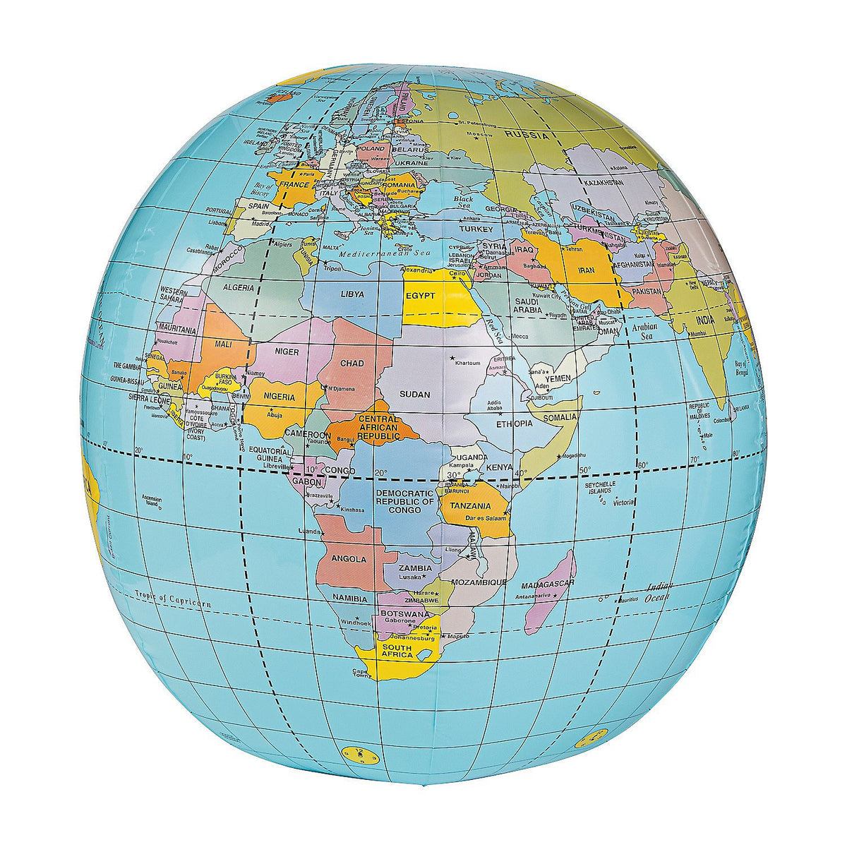 Fun Express giant inflatable globe in 33-inch size ready for classroom learning and outdoor play.