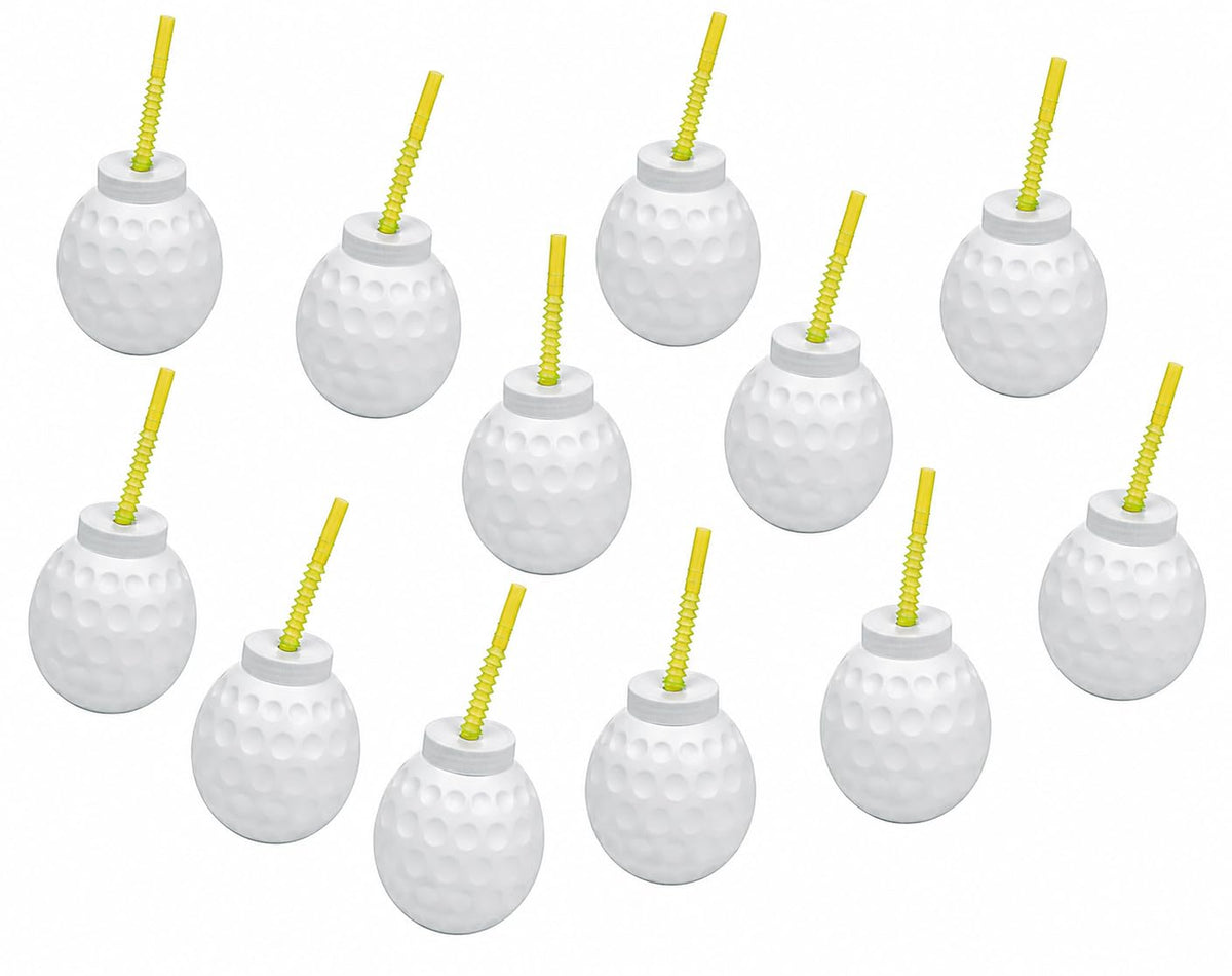 Fun Express golf ball cup 14oz with lid and straw for mess-free kids' parties.