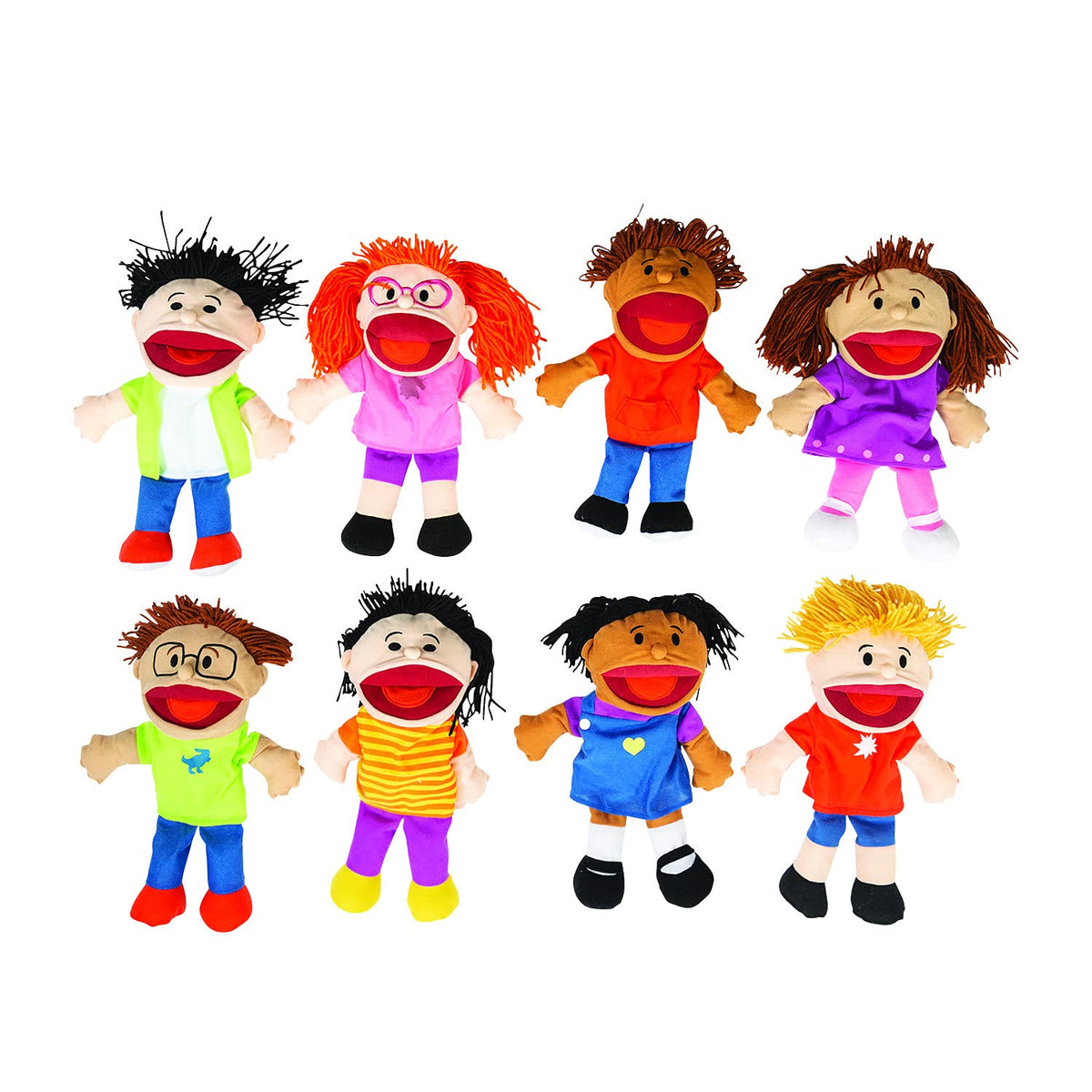 Fun Express hand puppets 8-pcs multicultural set supports expressive storytelling and early speech practice.