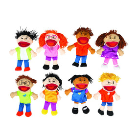 Fun Express hand puppets 8-pcs multicultural set supports expressive storytelling and early speech practice.