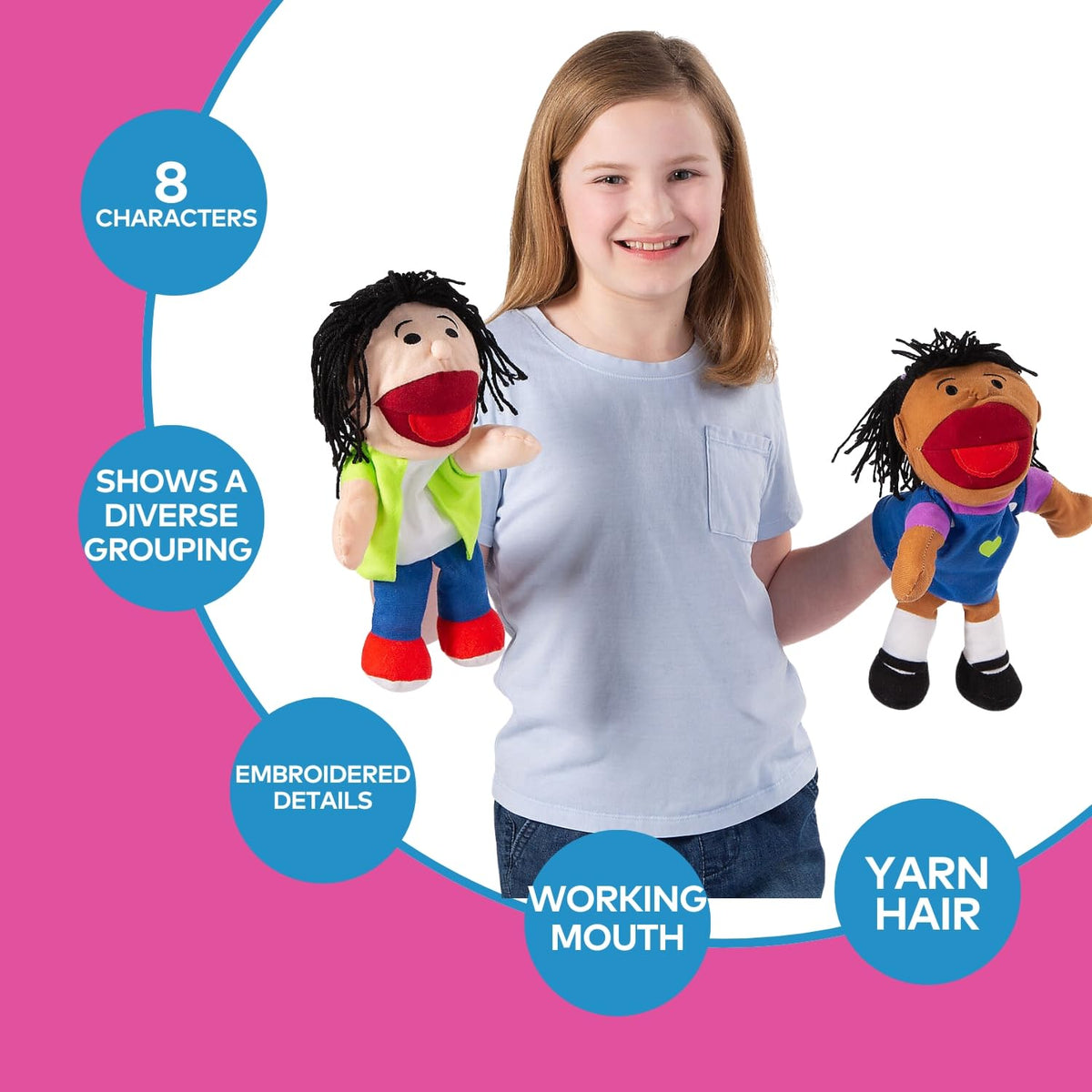 Fun Express movable-mouth puppet close-up demonstrates engaging oral articulation during dramatic play.