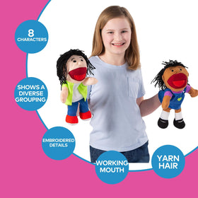 Fun Express movable-mouth puppet close-up demonstrates engaging oral articulation during dramatic play.