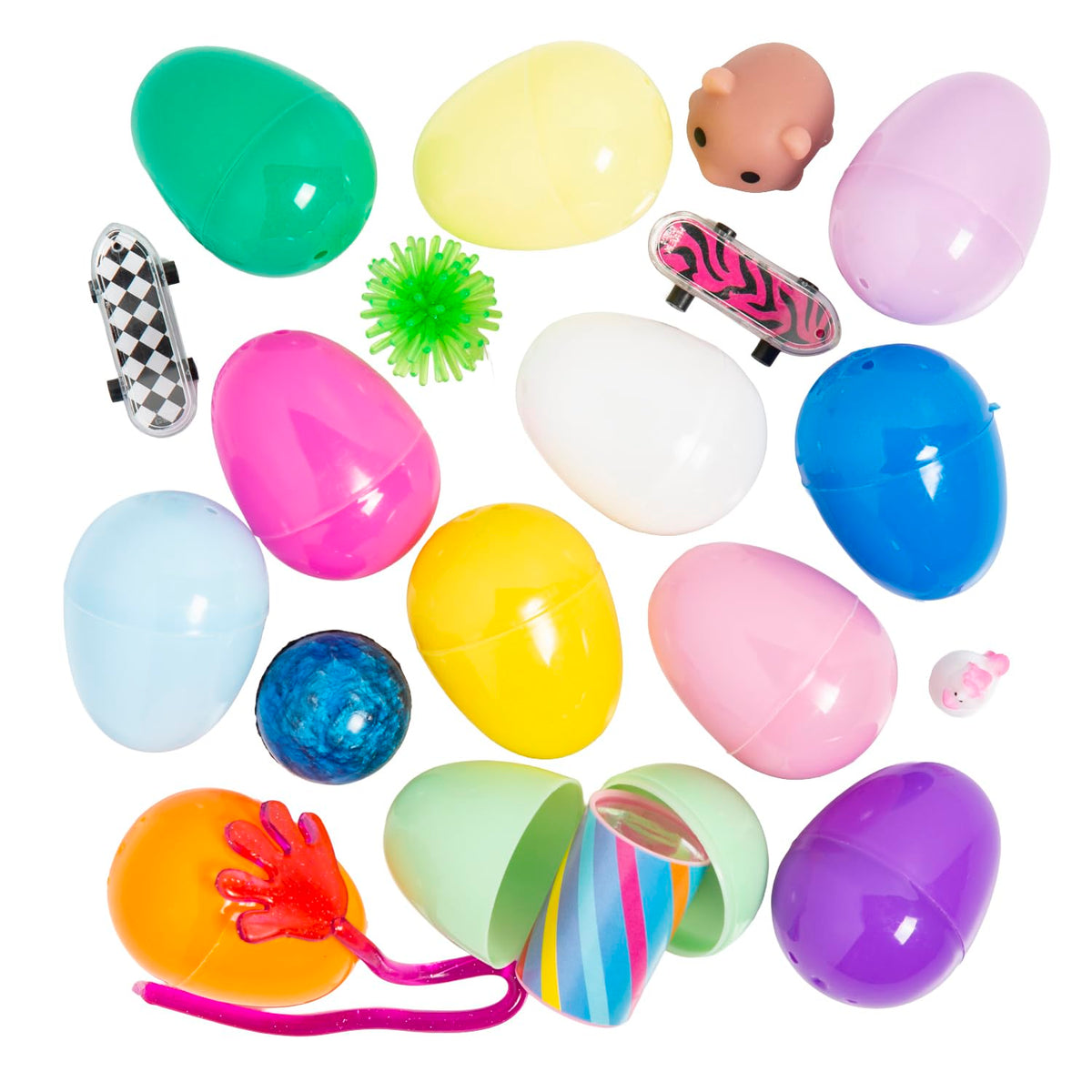 Fun Express surprise eggs opened to reveal assorted toys for party prizes.