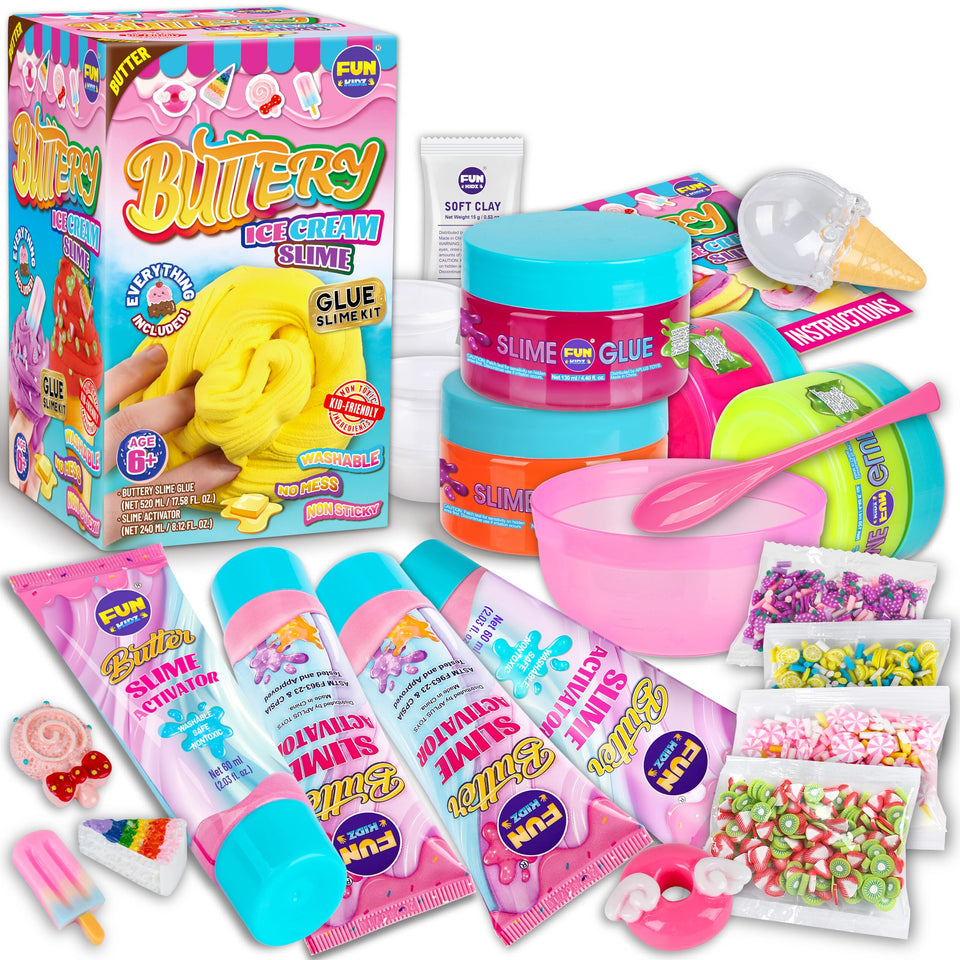 FunKidz butter slime kit contents for safe, creative play at home.