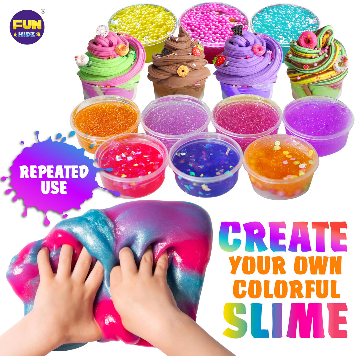 FUN KIDZ clear slime showing vibrant colors as you knead.